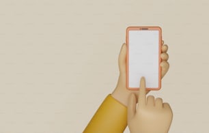 白い背景に指で画面に触れる白い画面の手を持つスマートフォンを持つ手。3Dレンダリングイラスト