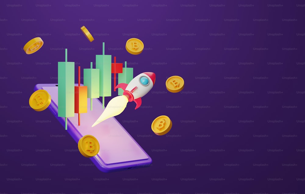 Rakete oder Raumschiff fliegen mit verstreuten Bitcoin-Münzen auf Smartphones. Finanzanlagegeschäft und Anlageziele Kryptowährung. 3D-Render-Illustration.