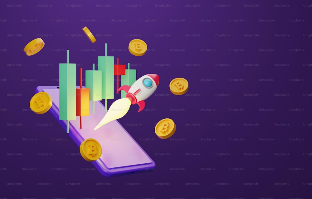 Razzo o astronave che vola con monete bitcoin sparse su smartphone. Attività di investimento finanziario e obiettivi di investimento criptovaluta. Illustrazione di rendering 3D.