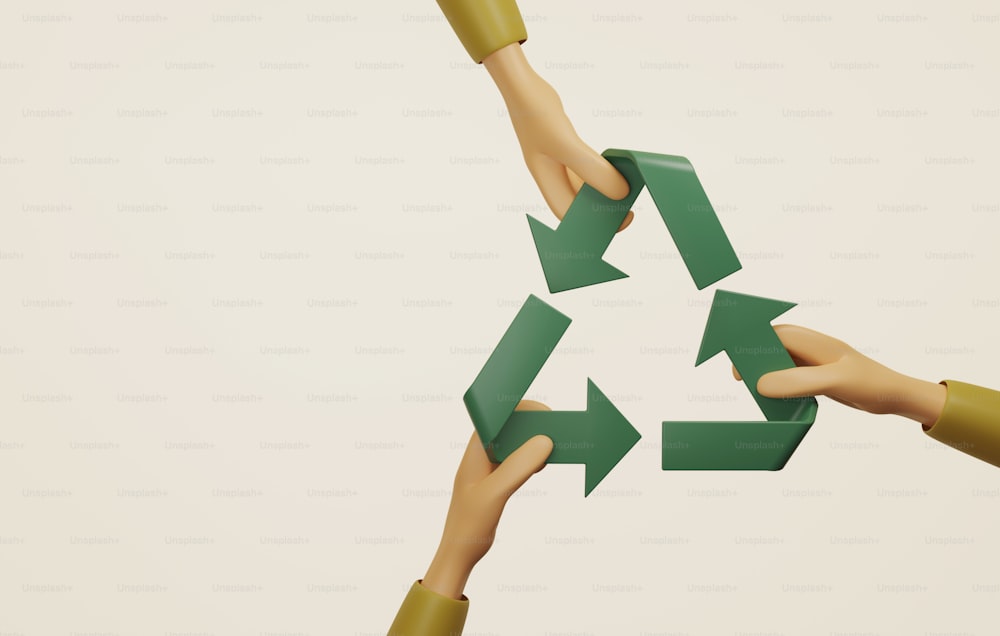 Três mãos ajudam a montar o ícone de reciclagem no fundo do creme. Colaboração na reciclagem reutilização de cuidados ambientais para o futuro meio ambiente. Ilustração de renderização 3D.