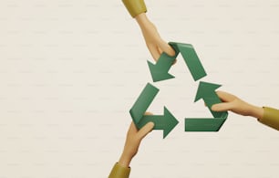 Three hands help assemble recycle icon on cream background. Collaboration in recycling reuse environmental care for the future environment. 3d render illustration.