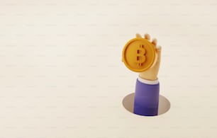 La mano del comerciante sostiene una moneda dorada de bitcoin. levantado de un agujero sobre un fondo blanco. Riesgos de invertir en criptomonedas o criptominería. Ilustración de renderizado 3D.