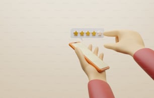 Kundenbewertungen auf Smartphones mit gedrückter Hand zum goldenen Fünf-Sterne-Symbol. Zufriedenheit, Feedback, Bewertung, positive Nutzerbewertungen für die Nutzung von Dienstleistungen oder Produkten. 3D-Render-Illustration.