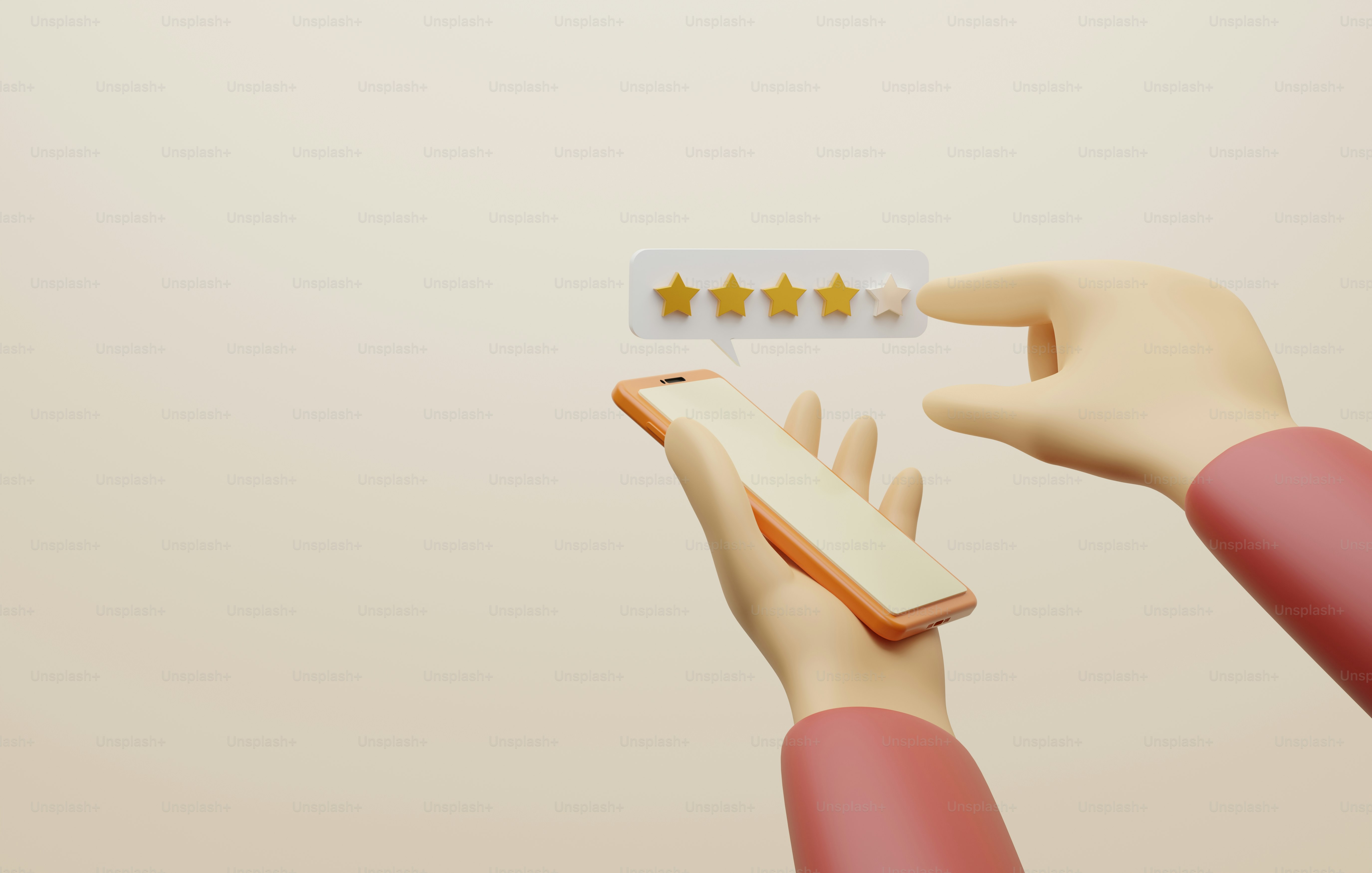 Customer ratings on smartphones with a hand pressed to golden five-star icon. Satisfaction feedback rating positive user reviews for using service or product. 3D render illustration.