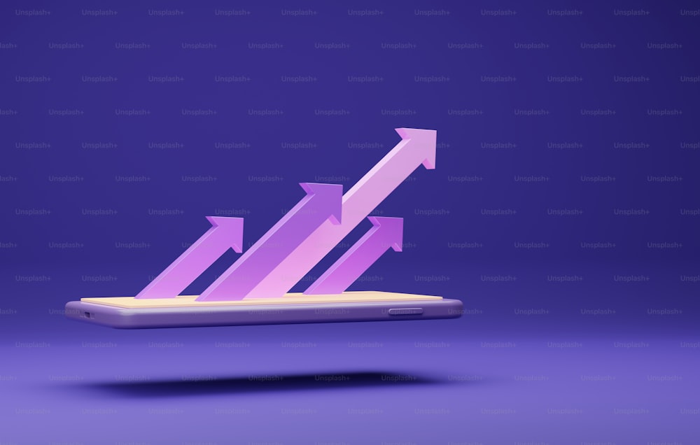 Up arrow on smartphone on a dark purple background. Business growth direction from technology financial growth development going forward of the business. 3d render illustration.