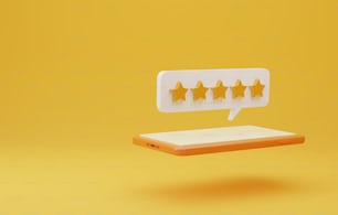 Smartphone com ícone dourado de cinco estrelas em um fundo amarelo. Feedback de satisfação do cliente avaliações positivas do usuário para usar o serviço ou produto. Ilustração de renderização 3D.