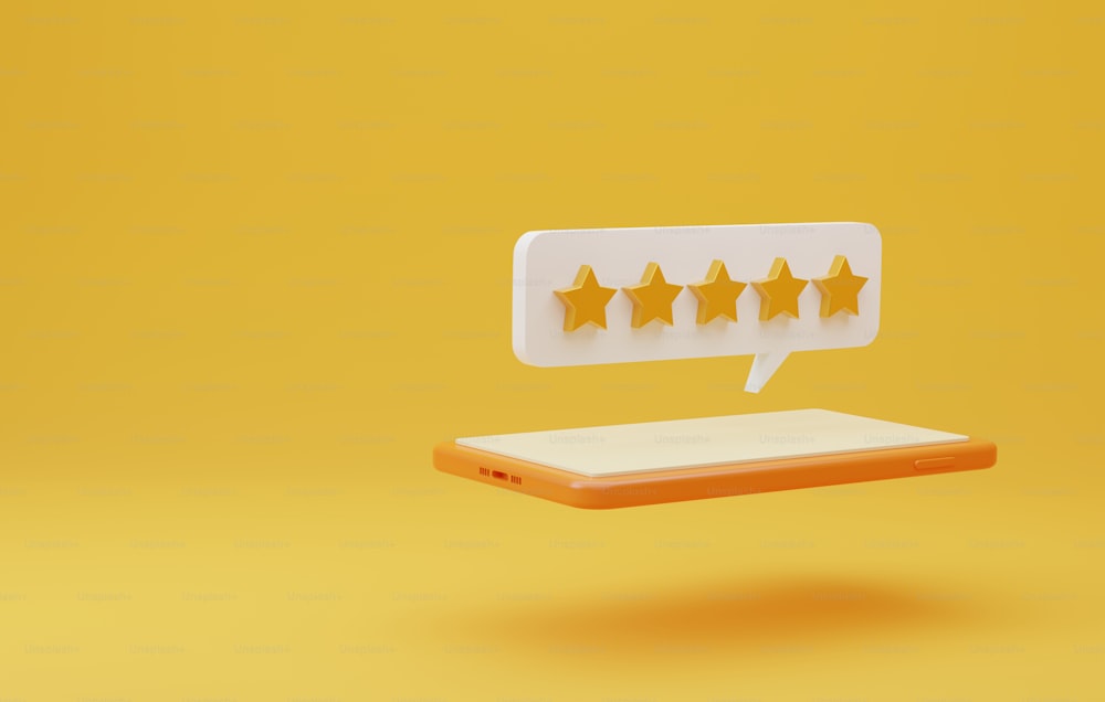 Smartphone mit goldenem Fünf-Sterne-Symbol auf gelbem Hintergrund. Kundenzufriedenheit Feedback positive Nutzerbewertungen für die Nutzung der Dienstleistung oder des Produkts. 3D-Render-Illustration.