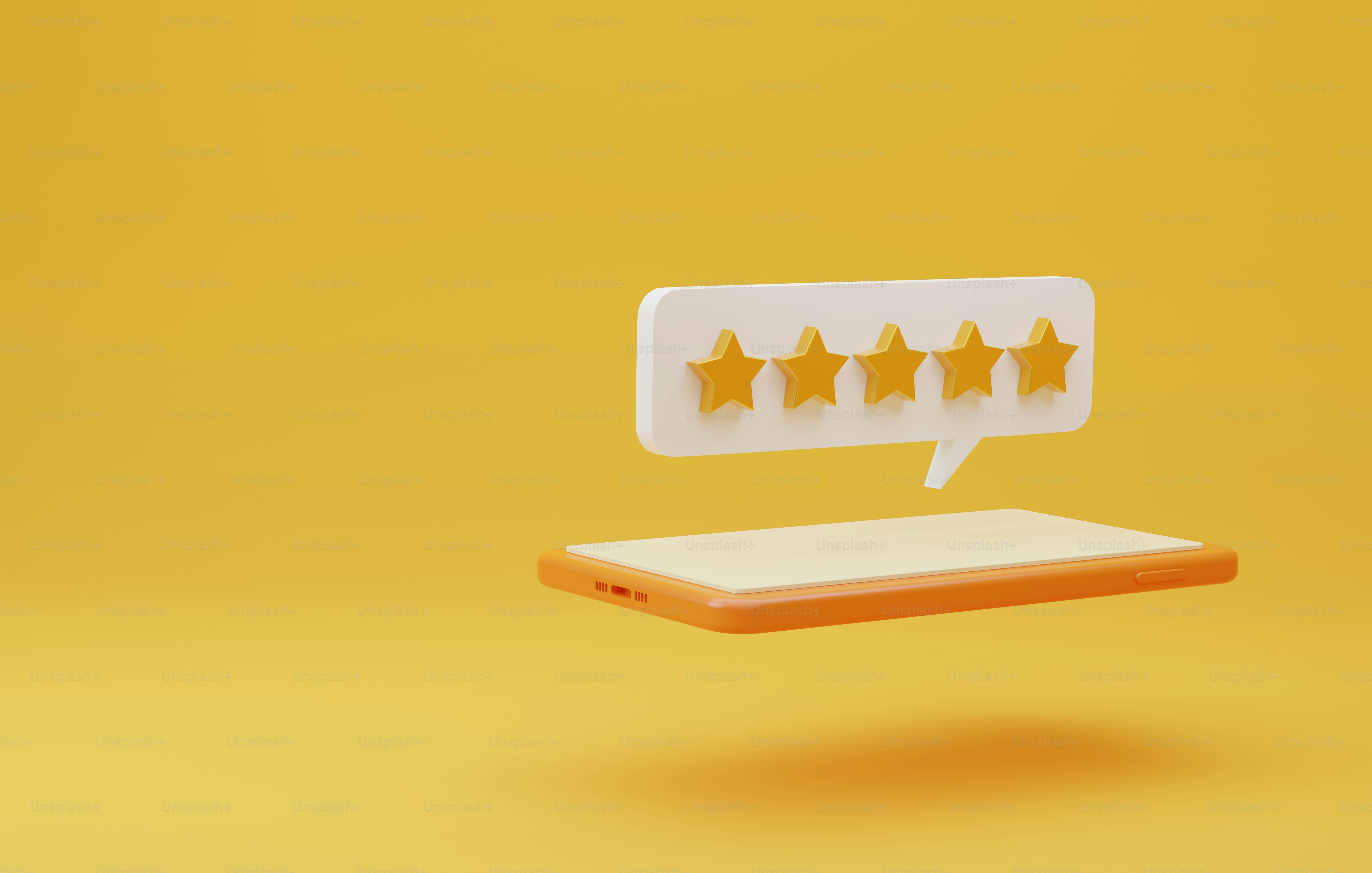 Smartphone with golden five-star icon on a yellow background. Customer satisfaction feedback positive user reviews for using the service or product. 3D render illustration.