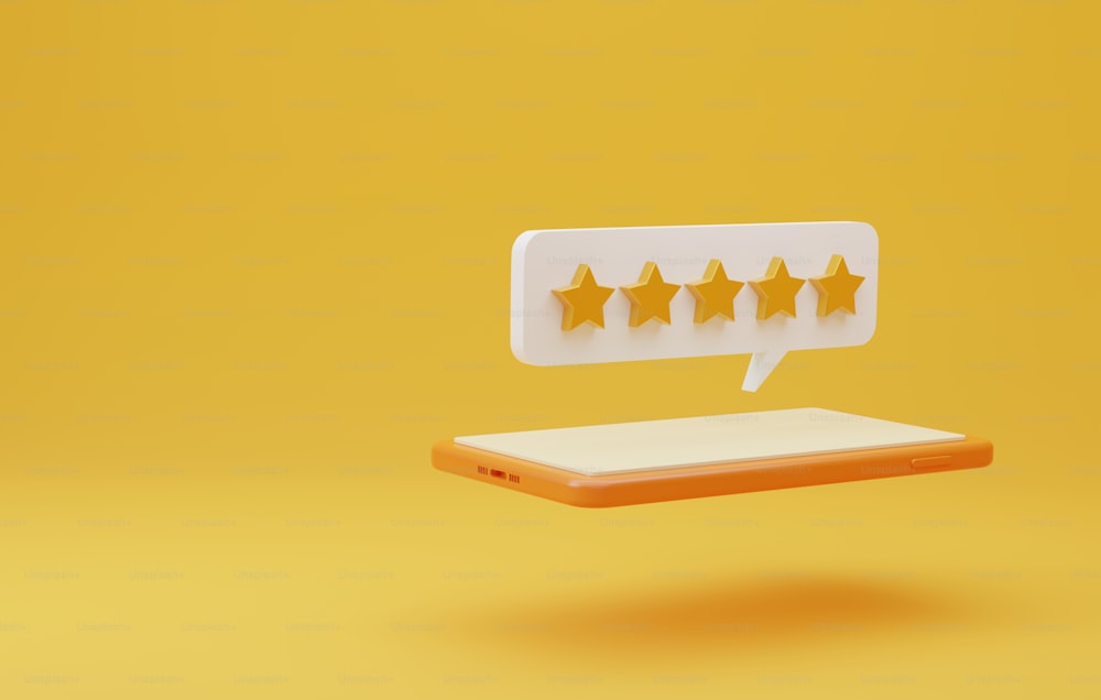 Smartphone with golden five-star icon on a yellow background. Customer satisfaction feedback positive user reviews for using the service or product. 3D render illustration.