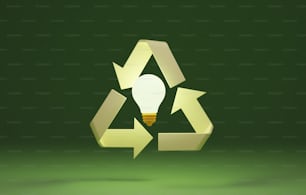 Lampadina centrata sull'icona di riciclo dello sfondo verde scuro. Ridurre l'energia per l'ambiente. Illustrazione di rendering 3D.