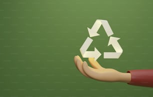 Recycle icon with light in hand on a dark green background. Reuse, environmental care for environment in future. 3d render illustration.