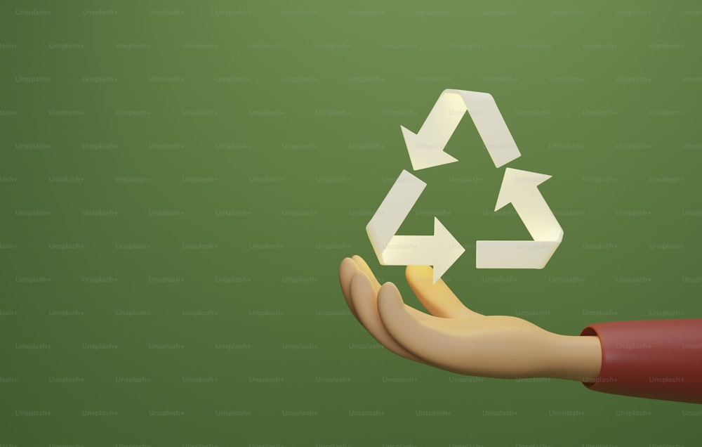 Icono de reciclaje con luz en mano sobre un fondo verde oscuro. Reutilización, cuidado del medio ambiente para el medio ambiente en el futuro. Ilustración de renderizado 3D.