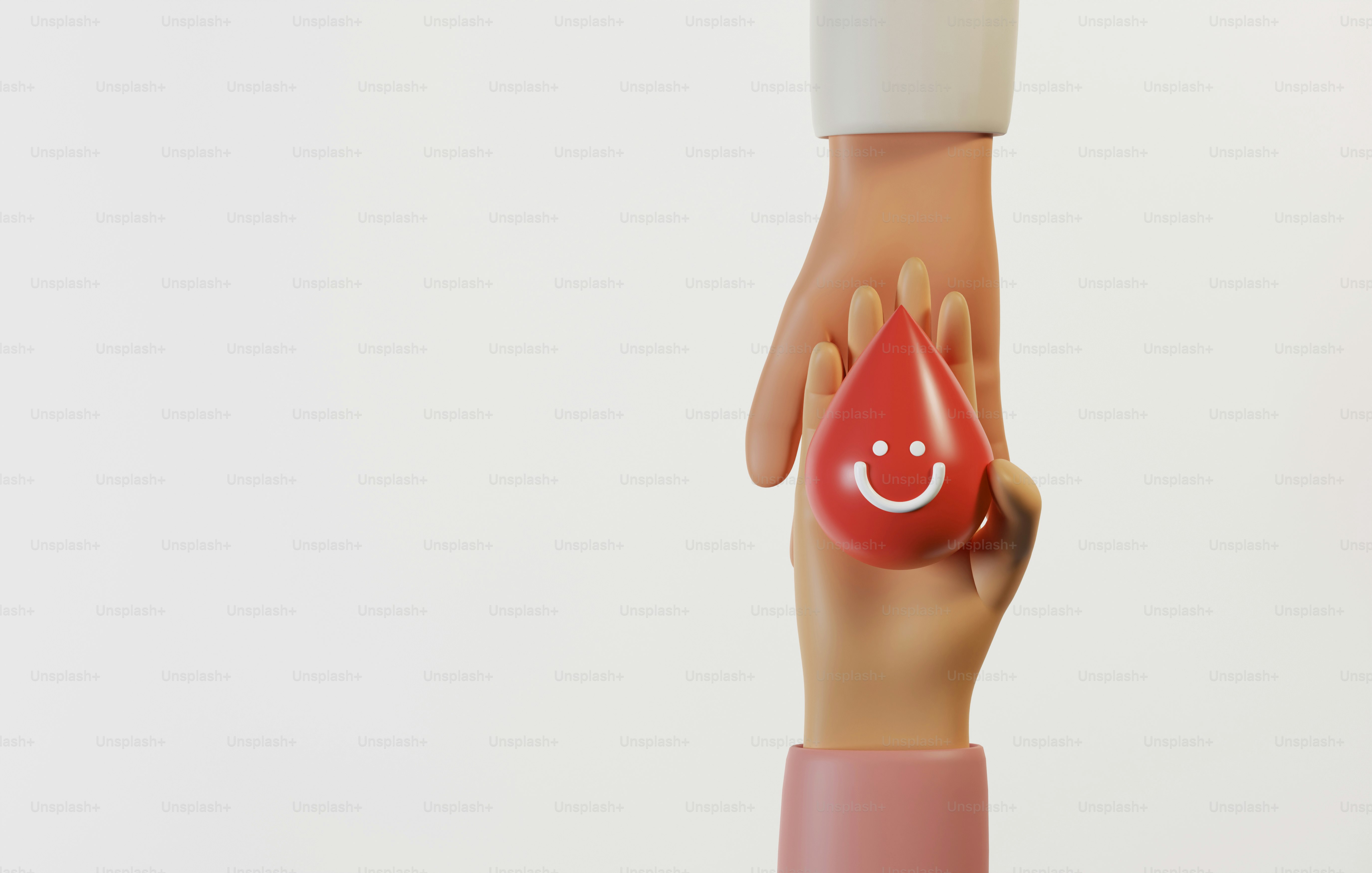 Hand holding a drop of blood with a smiling face giving it to recipient. Volunteer to help donate blood blood transfusion on world blood donor day. 3d render illustration.