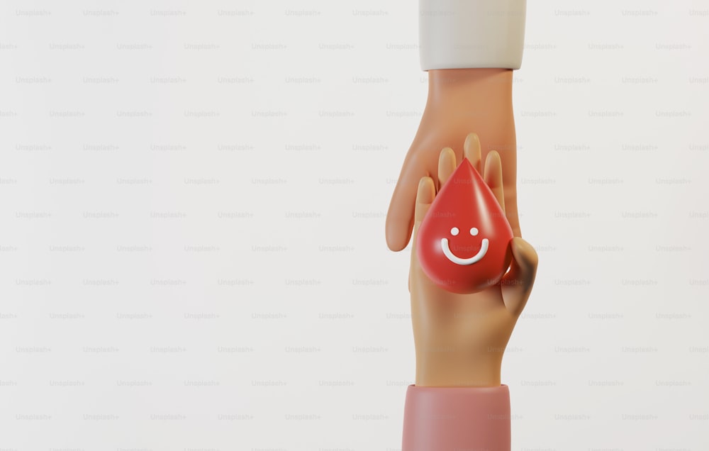 Hand holding a drop of blood with a smiling face giving it to recipient. Volunteer to help donate blood blood transfusion on world blood donor day. 3d render illustration.