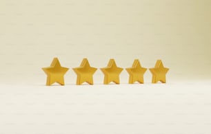 Icona di classificazione della qualità della stella dorata a cinque stelle. Valutazione della soddisfazione del cliente valutazione del livello di qualità del servizio, feedback brillante. Illustrazione di rendering 3D.