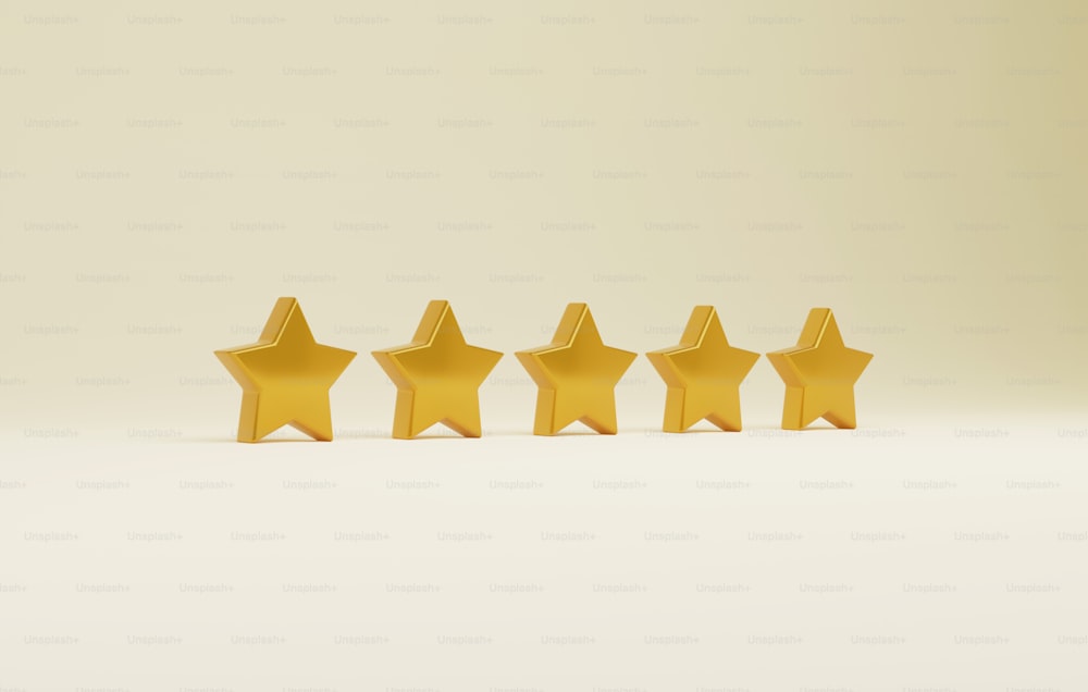 Icône de classement de qualité étoile d’or dégradée cinq étoiles. Évaluation du niveau de qualité du service de satisfaction de la clientèle, rétroaction brillante. Illustration de rendu 3D.