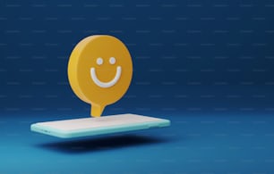 Envía burbujas de diálogo de caritas sonrientes felices a través de tu teléfono inteligente. Darse buenas palabras entre sí o dar satisfacción de retroalimentación positiva de buenas revisiones de comentarios de clientes. Ilustración de renderizado 3D.
