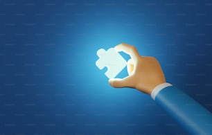 Businessman hand holding puzzle shining on dark blue background. Alternative solution connecting business success in digital world. 3D render illustration.