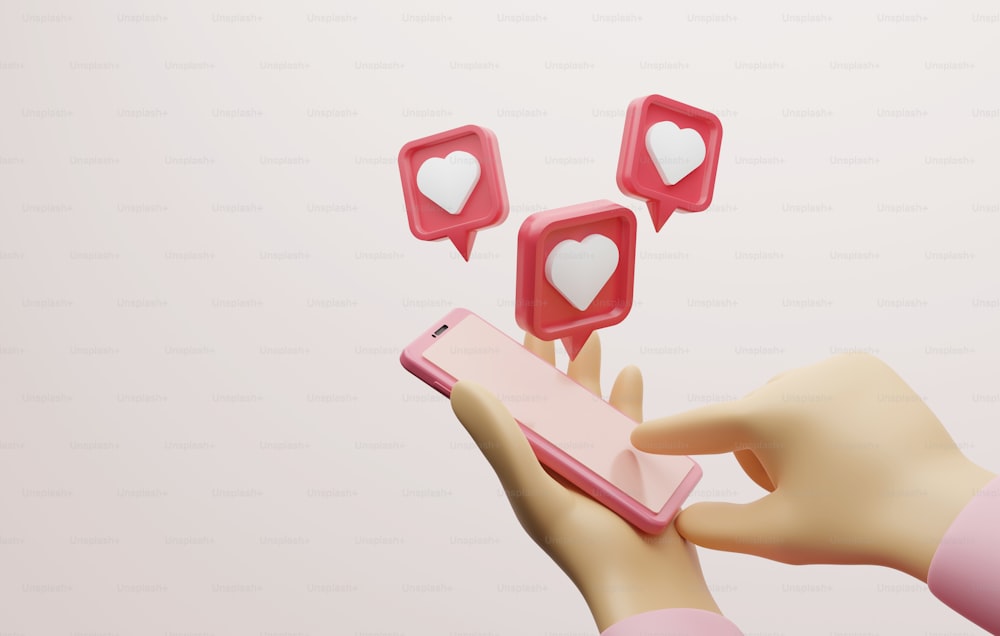 모바일 스마트폰 준비 빨간 하트 메시지 아이콘입니다. 소셜 미디어 서로에게 사랑의 메시지를 보내는 소셜 네트워크. 3d 렌더링 그림입니다.