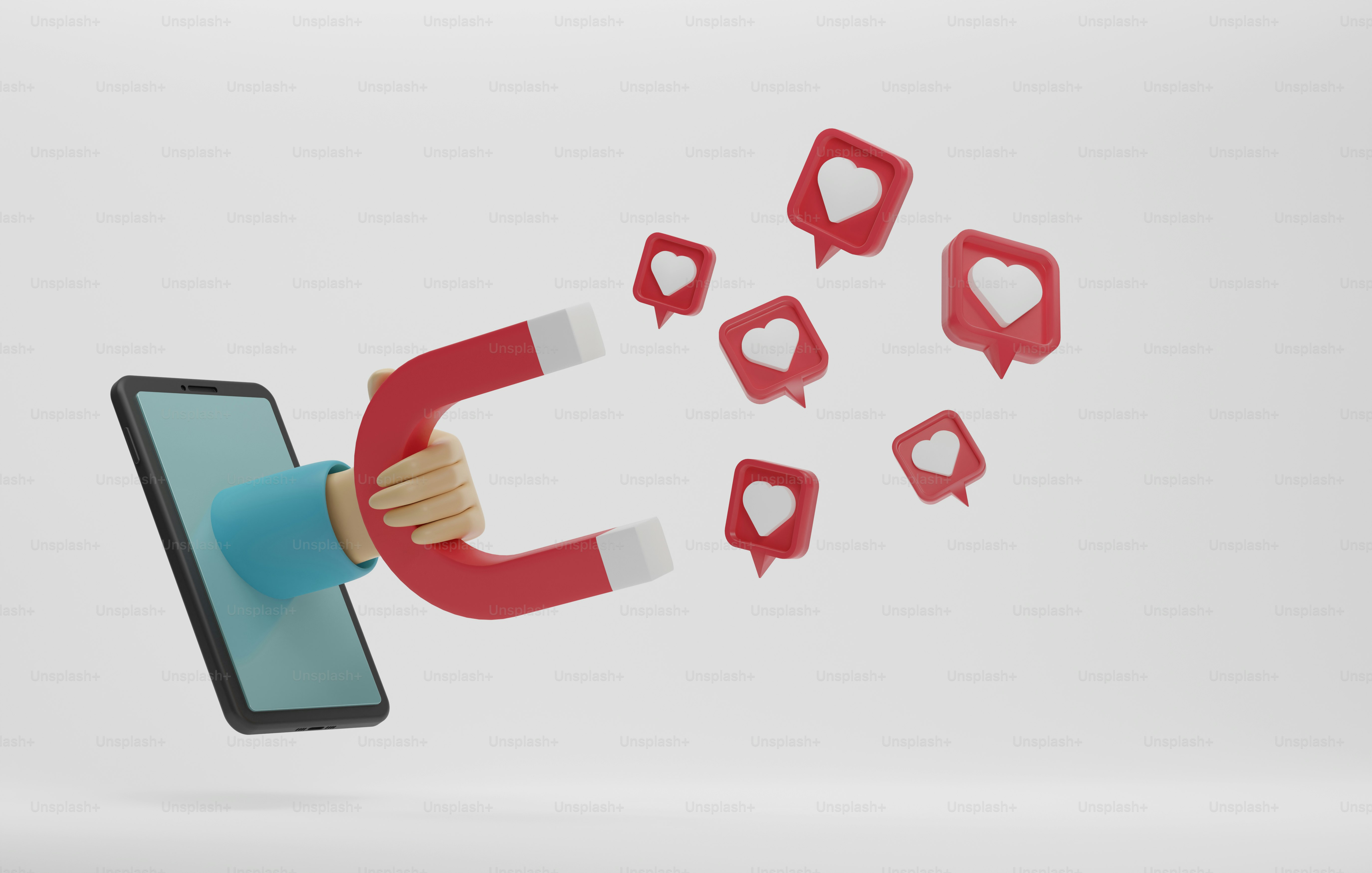 Hand holding magnet attracts many heart icons on smartphones. Social media marketing. 3D render illustration