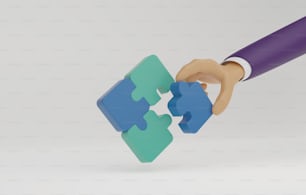Geschäftsmann, der ein Puzzle hält, das Puzzleteile auf weißem Hintergrund verbindet. Lösung für den Geschäftserfolg. 3D-Renderi-Illustration.