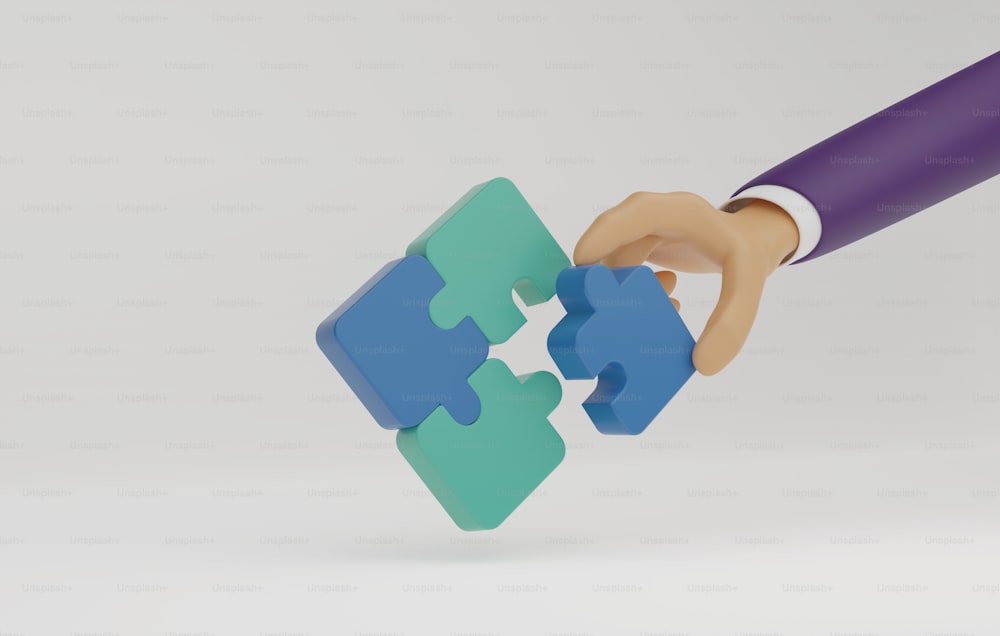 Businessman holding puzzle connecting puzzle pieces on white background. Business success solution. 3D renderi illustration.