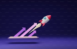 Rocket launched through a smartphone pointing up arrow on a dark purple background. The growth direction of future technology-based startups. 3d render illustration.