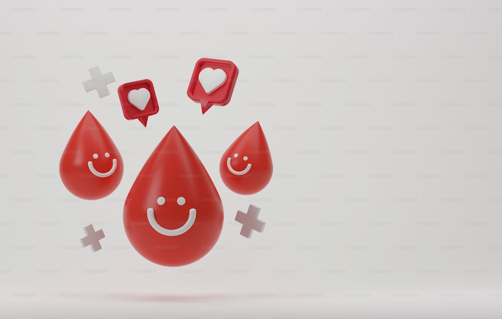 Gotas de sangre con una linda cara sonriente feliz con una marca de cruz sobre un fondo blanco. Donación de sangre Con motivo del Día Mundial del Donante de Sangre. Ilustración de renderizado 3D.