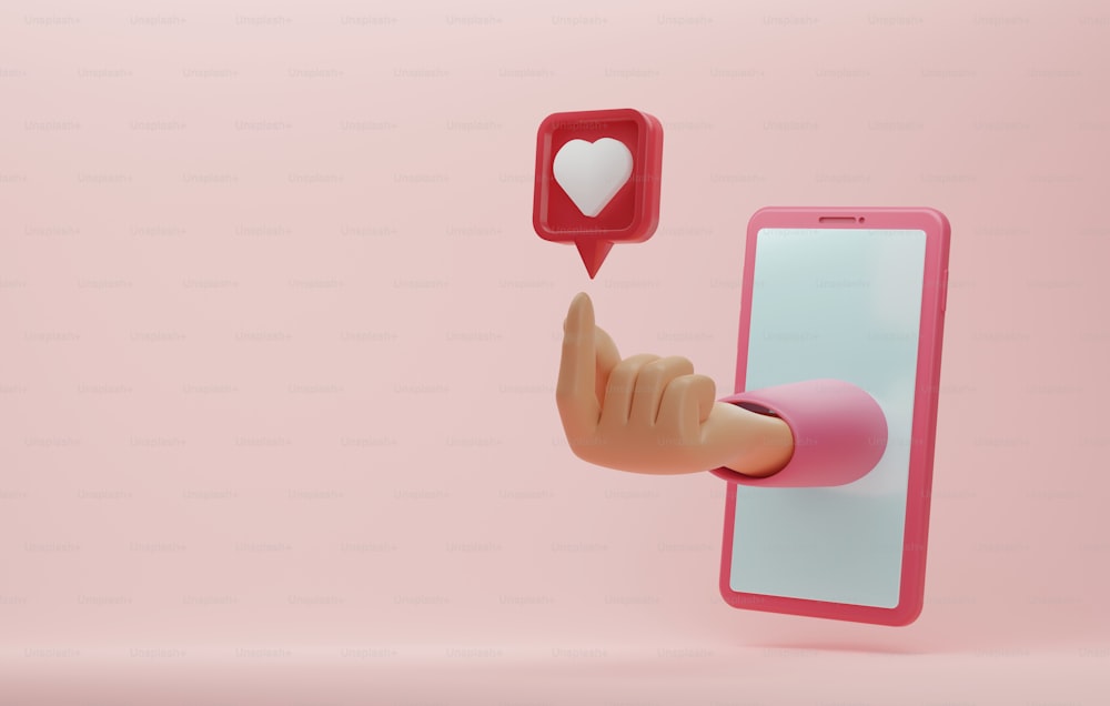 Hand made heart symbol with heart icon over smartphone screen on pink background. Give love or send love messages to each other. Love communication on application. 3D render illustration.