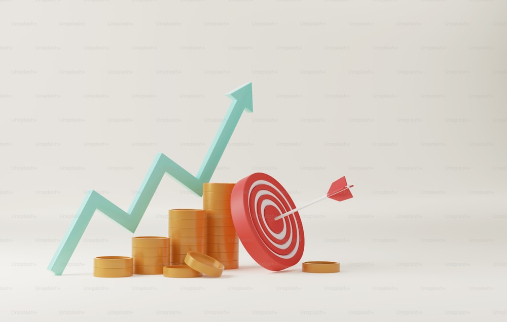 Pile of gold coins with growing arrows and a dart board on white background. financial growth goals financial planning and investment. 3D render illustration.