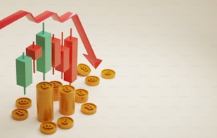 Pfeil mit roter Kerze nach unten und Bitcoin-Münzpreisrückgang Marktinvestition von Kryptowährung nach unten Trend Anlagerisiken. 3D-Render-Illustration.