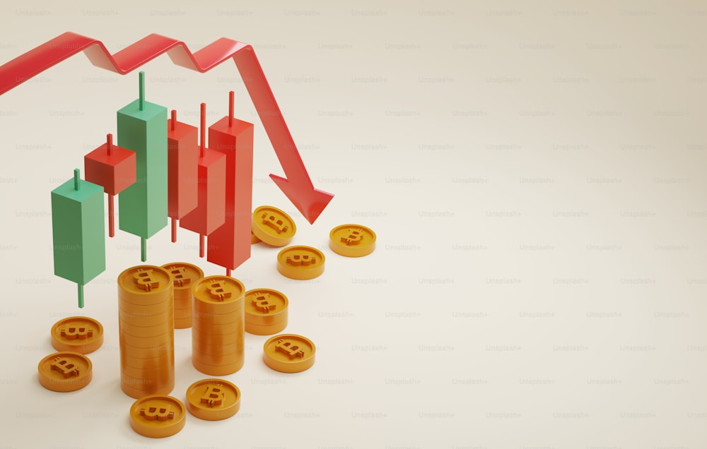 Arrow with red candlestick downward and bitcoin coin price decline market investment of cryptocurrency downward Trend Investment risks. 3d render illustration.