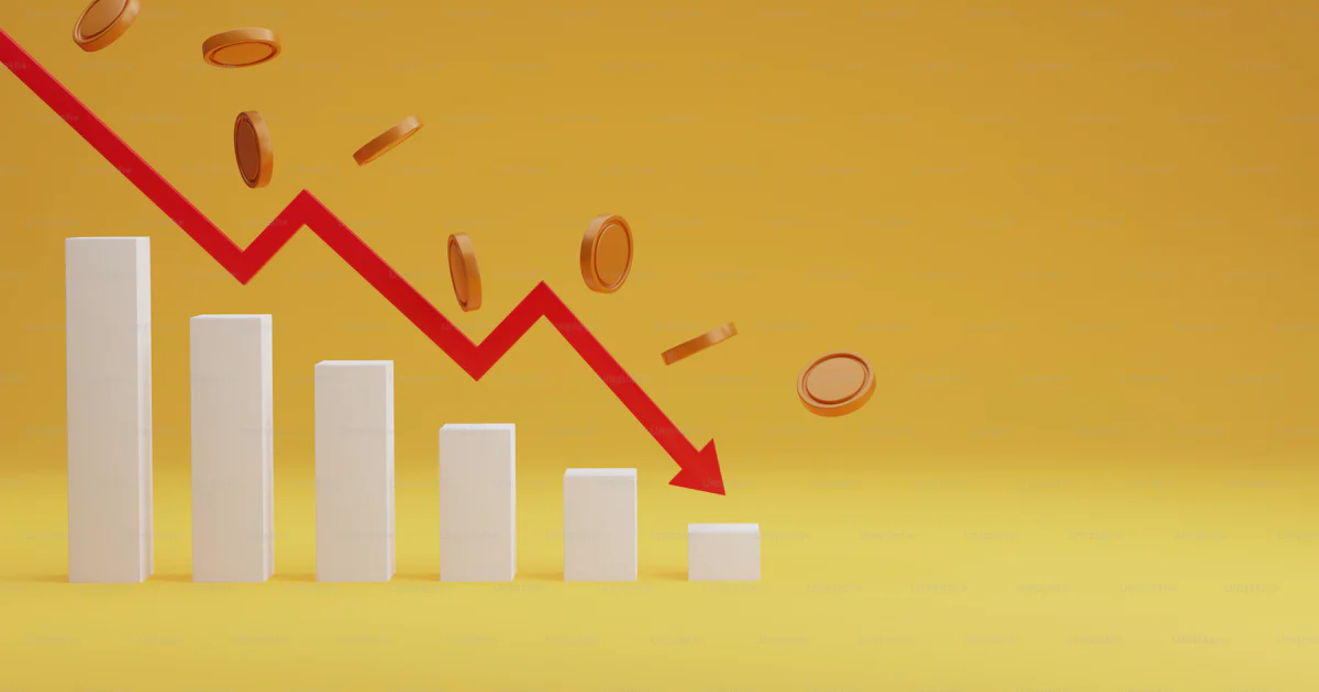 Red arrow graph pointing down pile of coins falling with declining bar ...