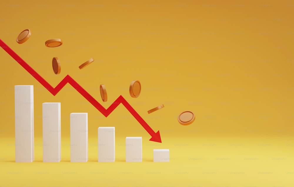 Red arrow graph pointing down pile of coins falling with declining bar graph on yellow background. recession financial crisis inflation. 3d render illustration.