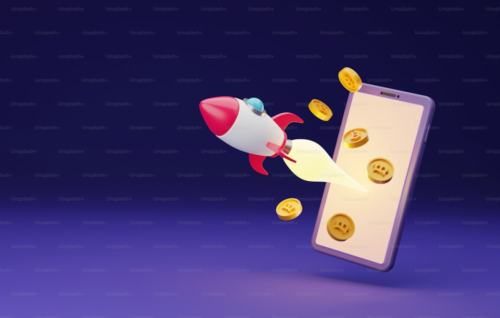 Rocket flying on mobile with scattered bitcoin coins. Financial investment business and investment goals cryptocurrency. 3d render illustration.