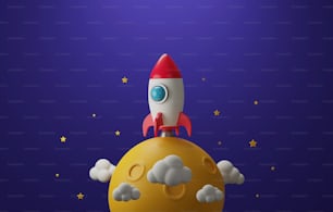 Foguetes espaciais no espaço na lua e na nuvem. iniciar um novo negócio ou lançar um novo projeto bem-sucedido. Ilustração de renderização 3D.