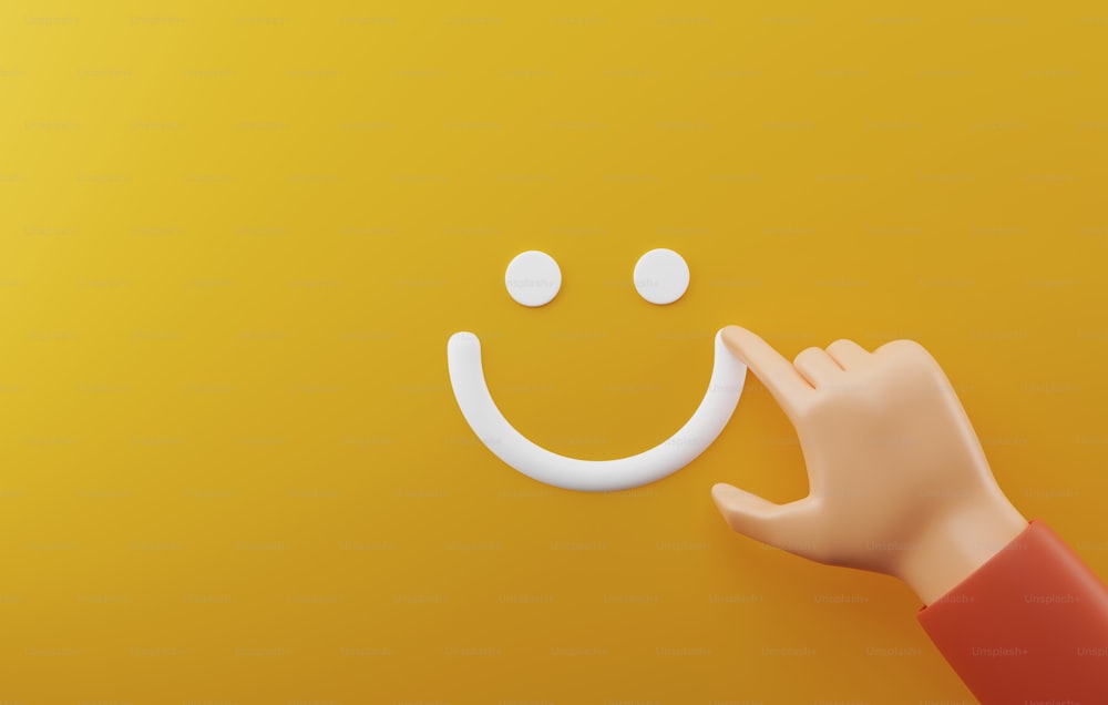 黄色の背景に手書きの幸せそうな顔のアイコン。肯定的なメンタルヘルス評価スコア 良い顧客フィードバックレビューからの満足度。3Dレンダリングイラスト
