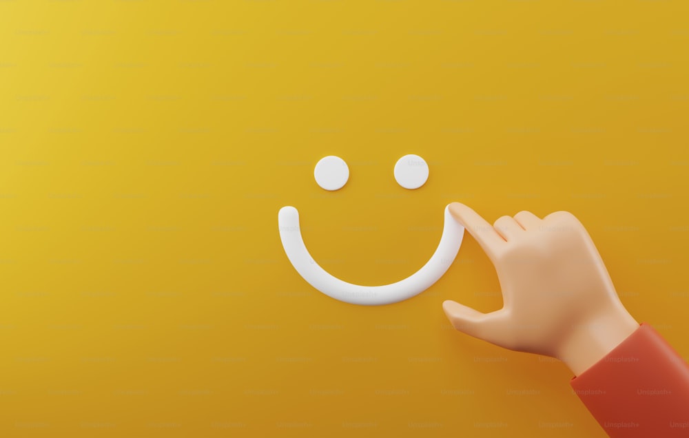 Hand writing happy face icon on yellow background. Positive Mental Health Assessment Score satisfaction from good customer feedback reviews. 3D render illustration