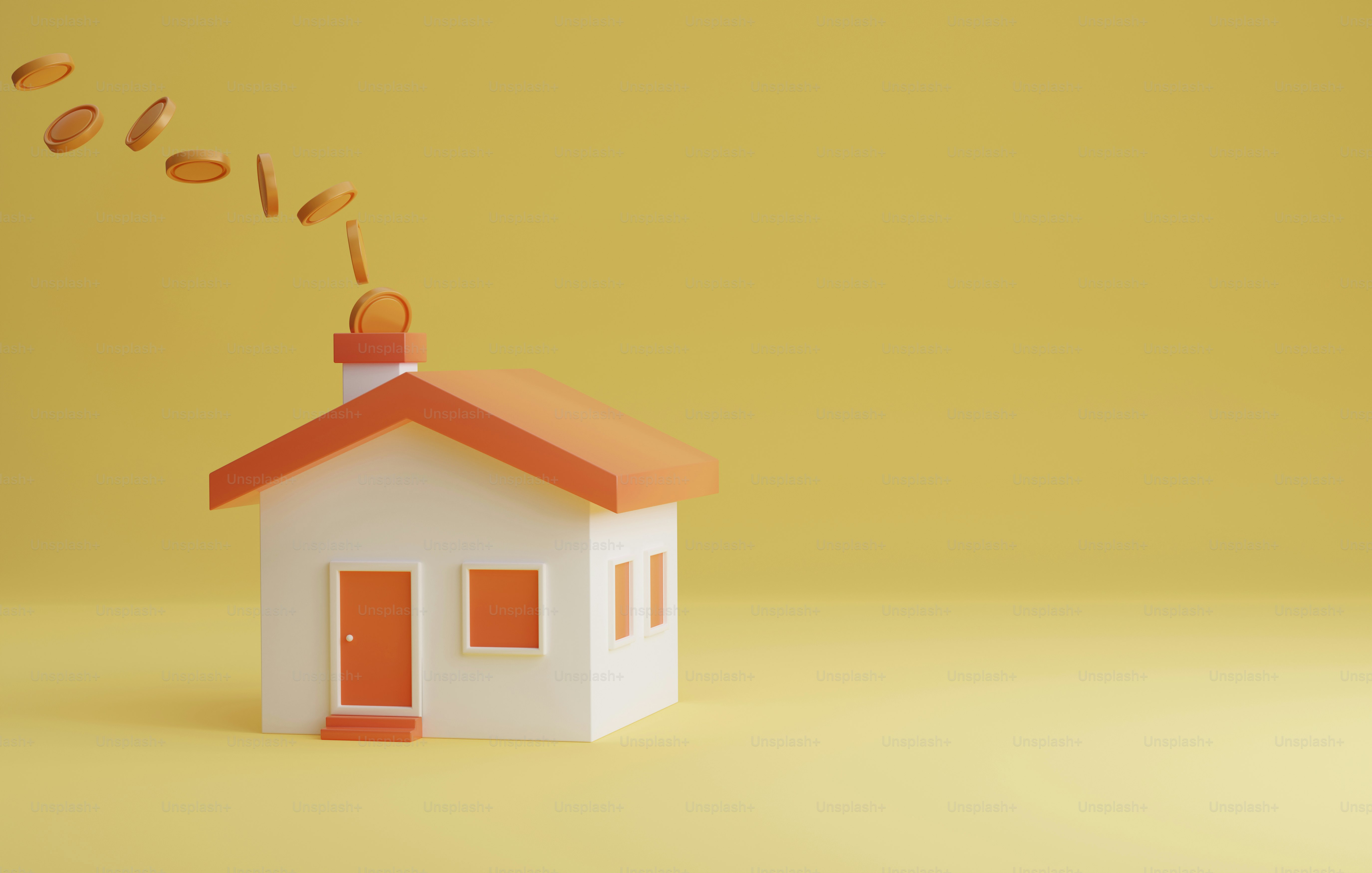 House and coin icon floating from smokestack on yellow background. Saving money and Investing in Home Mortgage Loans. 3D render  illustration