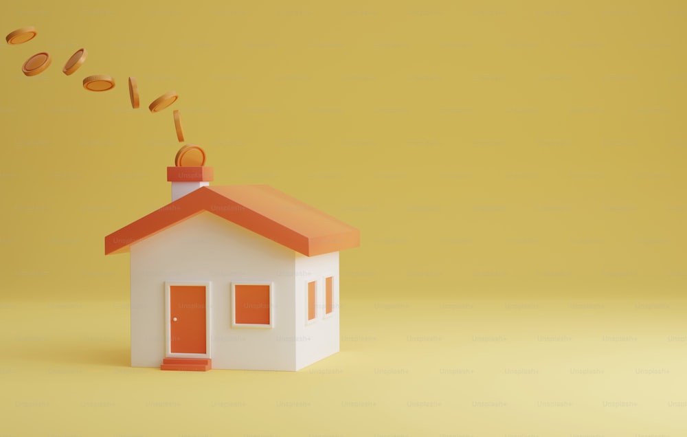 Icône de la maison et de la pièce flottant de la cheminée sur fond jaune. Économiser de l’argent et investir dans des prêts hypothécaires immobiliers. Illustration de rendu 3D