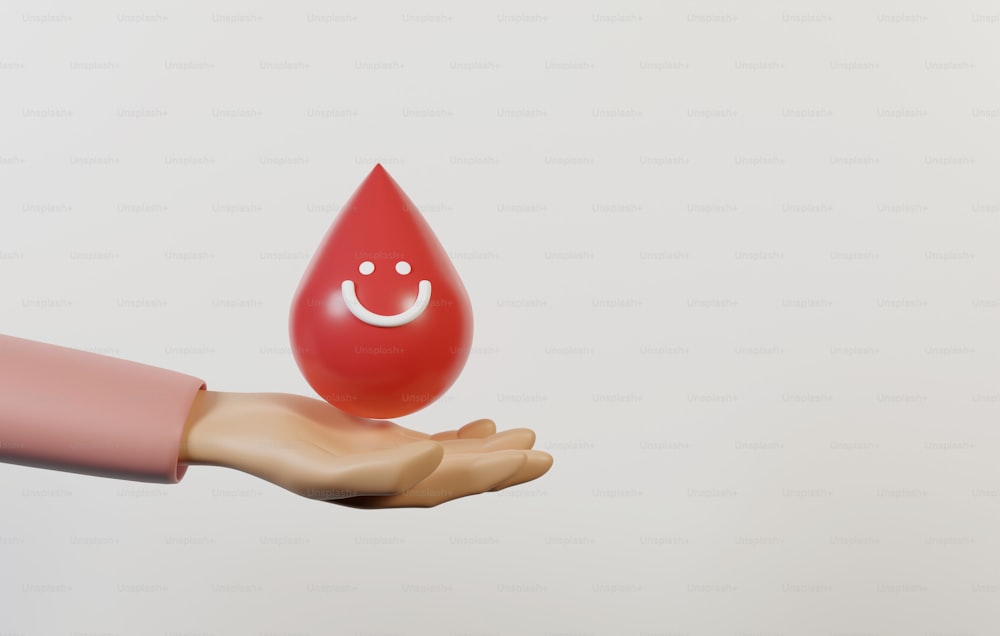 白い背景に血滴のアイコンを持つ手と笑顔。献血を支援するボランティア 世界献血者の日の機会に。3Dレンダリングイラスト。