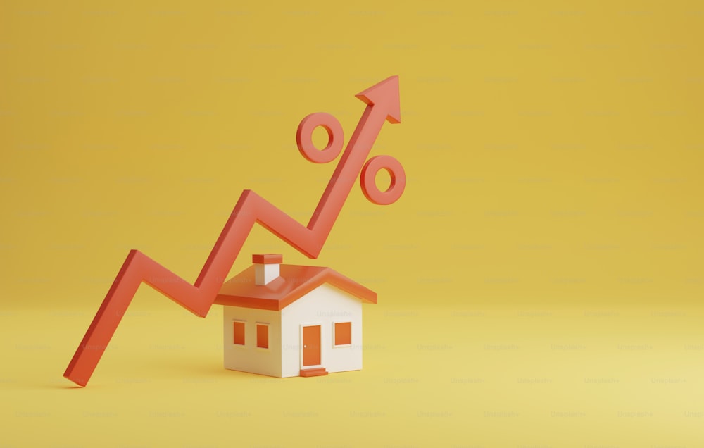 Haussymbol und roter Pfeil, der auf gelbem Hintergrund nach oben zeigt Steigende Zinssätze für Wohnungsbaudarlehen, Investitionen, Wachstum und Immobilienhypotheken. 3D-Render-Illustration.