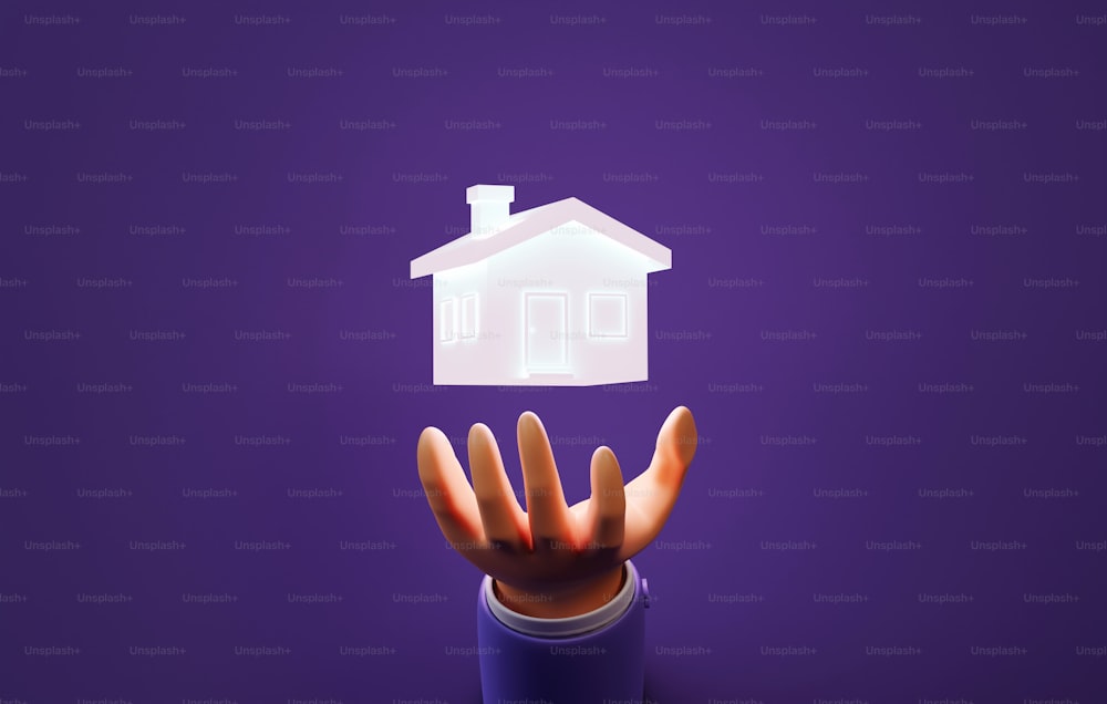 Icono de casa brillante en la mano masculina sobre fondo púrpura. Tecnología de control inteligente del hogar. Ilustración de renderizado 3D.