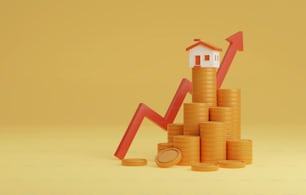 Haussymbolstapel von Münzen und roter Pfeil, der auf gelbem Hintergrund nach oben zeigt. Wachstum von Geschäftskrediten, Immobilieninvestitionen. 3D-Render-Illustration