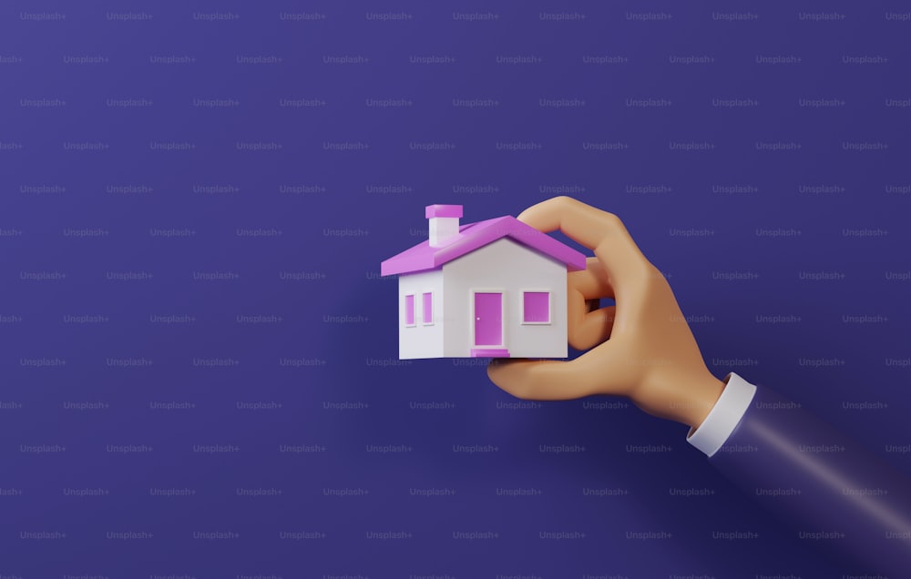 보라색 배경에 분홍색 지붕이 있는 작은 집을 들고 있는 사업가의 손. 소유권을 보유하거나 부동산 주택 융자에 투자합니다. 3D 렌더링 그림