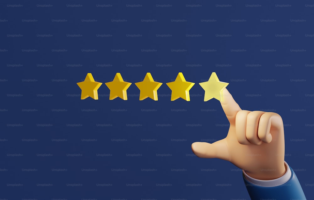 Hand pointing out a glowing five-star yellow star sign on a dark blue background. Positive customer experience Best Service Quality Satisfaction Review Rating. 3d render illustration.