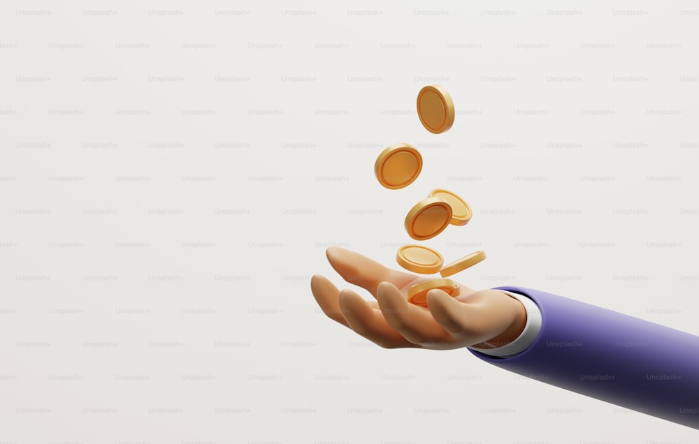 Businessman hands waiting to receive falling gold coins on a white background. Business income or get profit from investment. 3d render illustration.