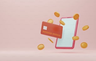 Smartphone, tarjetas de crédito y moneda sobre fondo rosa claro. Pago, transacción o transferencia de dinero a través de teléfono inteligente en línea. Ilustración de renderizado 3D.