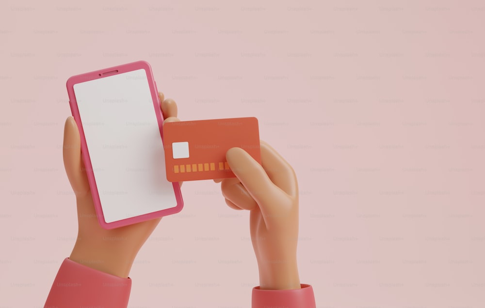 밝은 분홍색 배경에 스마트폰과 신용카드를 들고 있는 손. 온라인으로 스마트폰을 통해 결제, 거래 또는 송금을 할 수 있습니다. 3D 렌더링 그림