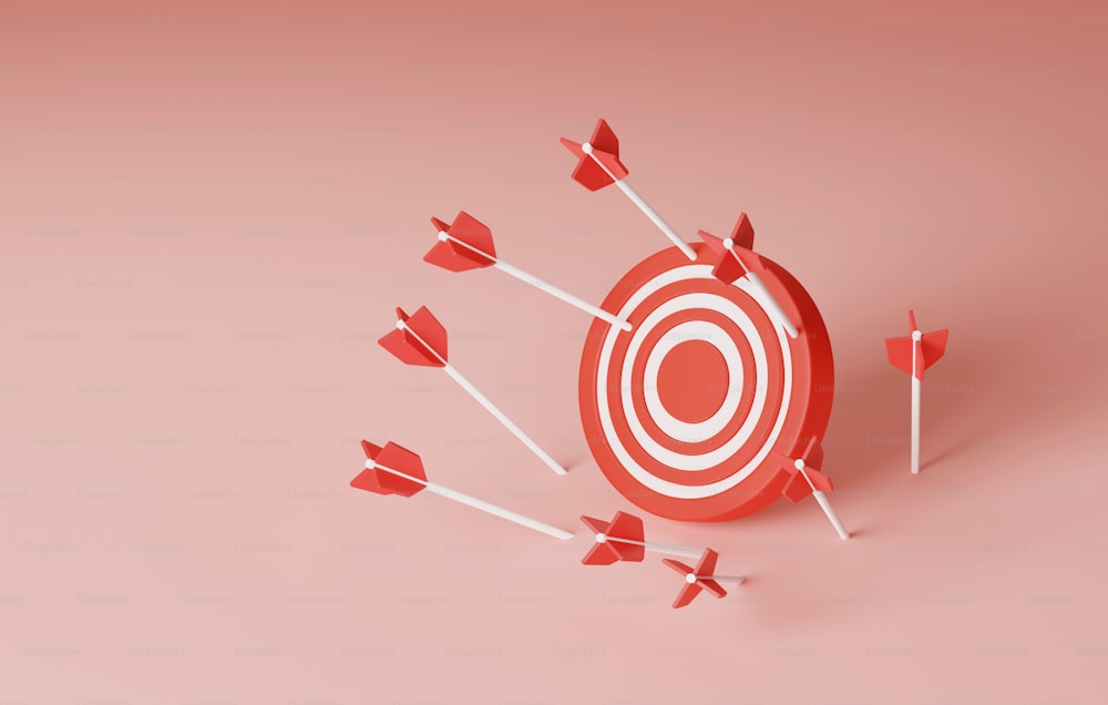 Several unsuccessful attempts at a red arrow that missed the target on a light red background. Failure in attempts to achieve goals. 3d render illustration